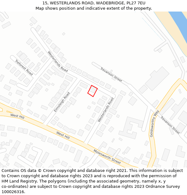 15, WESTERLANDS ROAD, WADEBRIDGE, PL27 7EU: Location map and indicative extent of plot