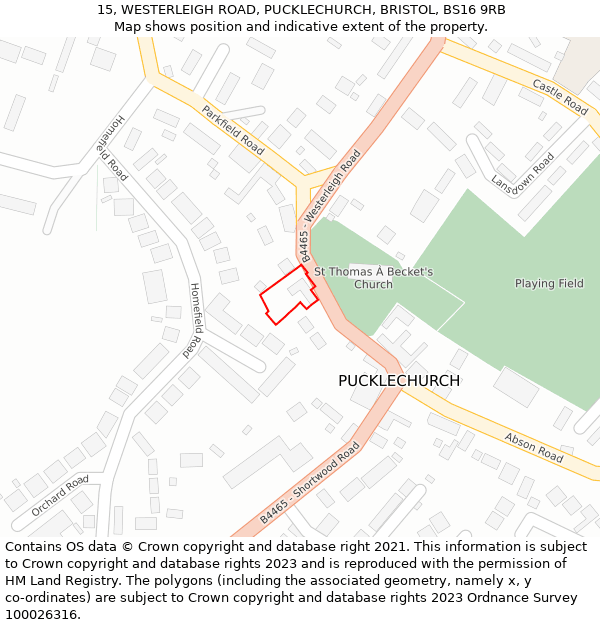 15, WESTERLEIGH ROAD, PUCKLECHURCH, BRISTOL, BS16 9RB: Location map and indicative extent of plot