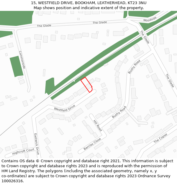 15, WESTFIELD DRIVE, BOOKHAM, LEATHERHEAD, KT23 3NU: Location map and indicative extent of plot