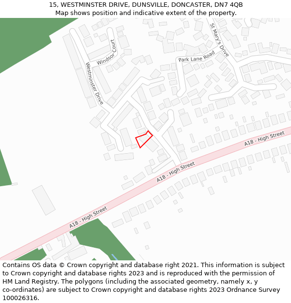 15, WESTMINSTER DRIVE, DUNSVILLE, DONCASTER, DN7 4QB: Location map and indicative extent of plot