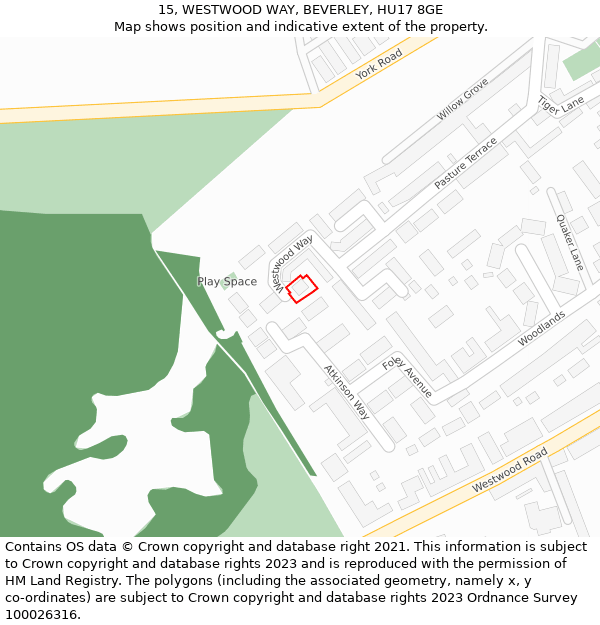 15, WESTWOOD WAY, BEVERLEY, HU17 8GE: Location map and indicative extent of plot