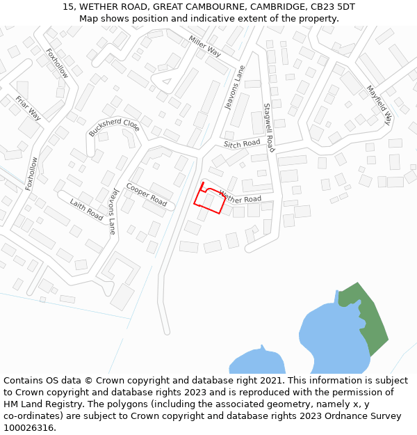 15, WETHER ROAD, GREAT CAMBOURNE, CAMBRIDGE, CB23 5DT: Location map and indicative extent of plot