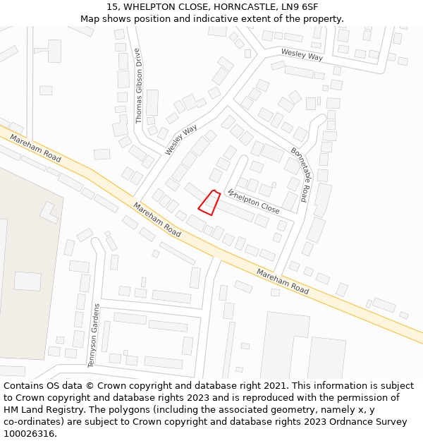 15, WHELPTON CLOSE, HORNCASTLE, LN9 6SF: Location map and indicative extent of plot