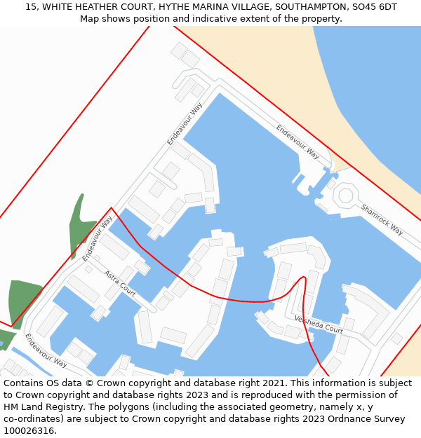 15, WHITE HEATHER COURT, HYTHE MARINA VILLAGE, SOUTHAMPTON, SO45 6DT: Location map and indicative extent of plot