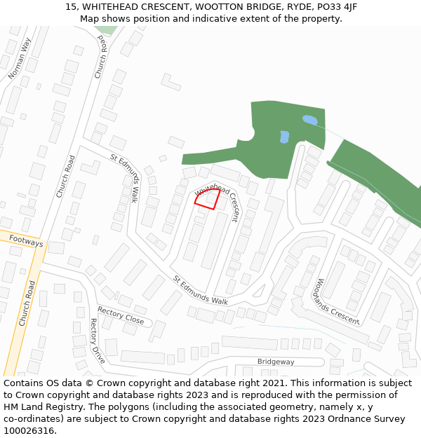 15, WHITEHEAD CRESCENT, WOOTTON BRIDGE, RYDE, PO33 4JF: Location map and indicative extent of plot
