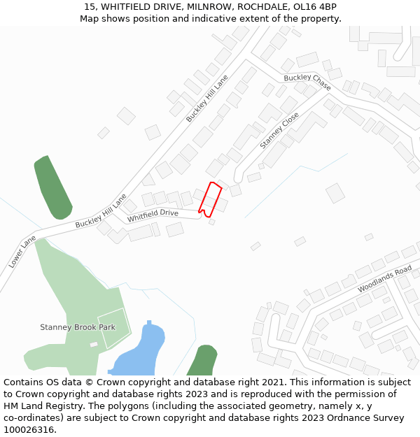 15, WHITFIELD DRIVE, MILNROW, ROCHDALE, OL16 4BP: Location map and indicative extent of plot