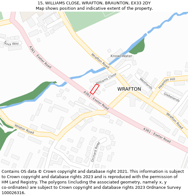 15, WILLIAMS CLOSE, WRAFTON, BRAUNTON, EX33 2DY: Location map and indicative extent of plot