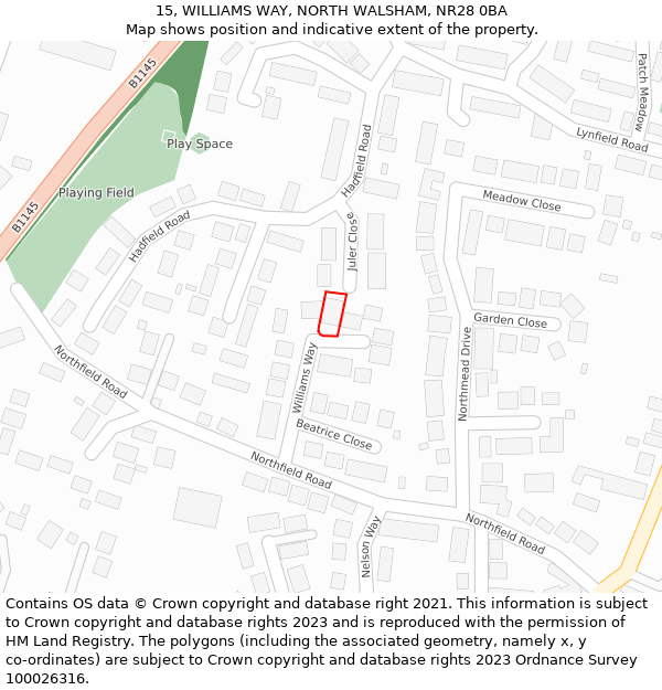 15, WILLIAMS WAY, NORTH WALSHAM, NR28 0BA: Location map and indicative extent of plot