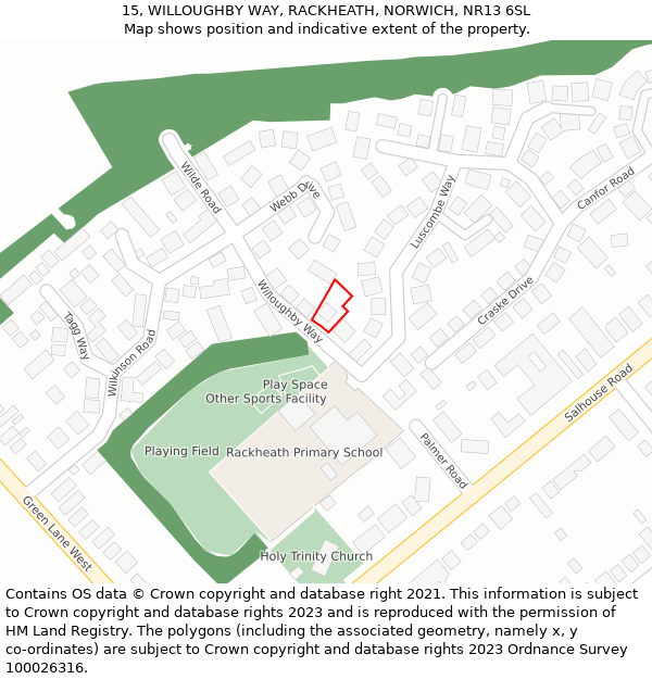 15, WILLOUGHBY WAY, RACKHEATH, NORWICH, NR13 6SL: Location map and indicative extent of plot