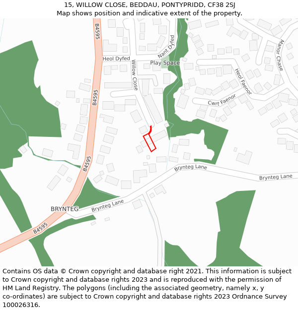 15, WILLOW CLOSE, BEDDAU, PONTYPRIDD, CF38 2SJ: Location map and indicative extent of plot