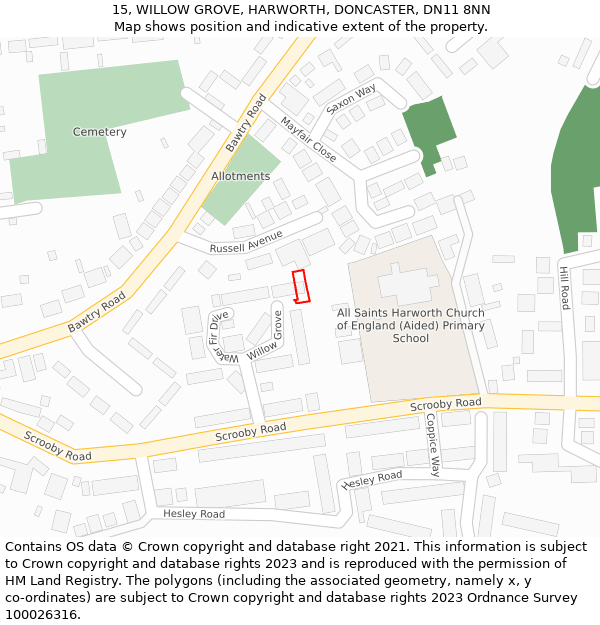 15, WILLOW GROVE, HARWORTH, DONCASTER, DN11 8NN: Location map and indicative extent of plot