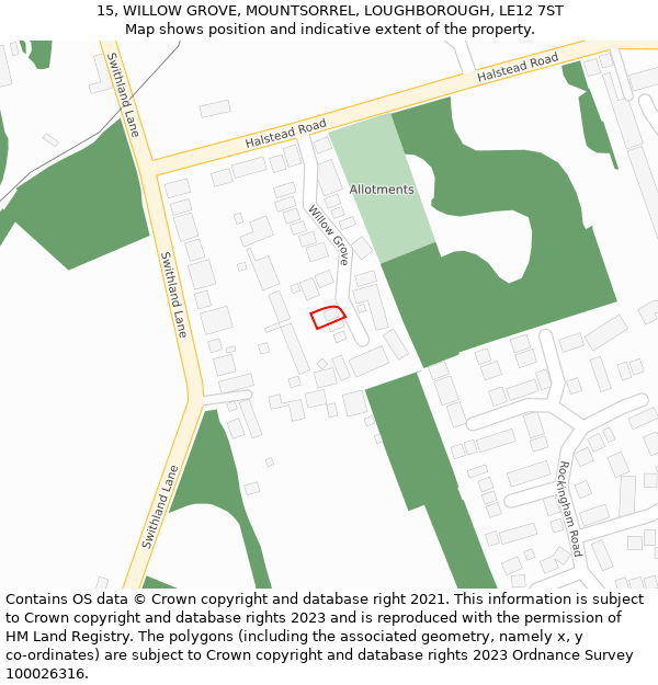 15, WILLOW GROVE, MOUNTSORREL, LOUGHBOROUGH, LE12 7ST: Location map and indicative extent of plot