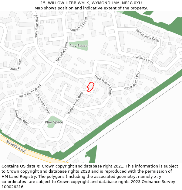 15, WILLOW HERB WALK, WYMONDHAM, NR18 0XU: Location map and indicative extent of plot