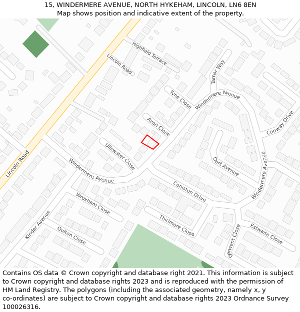 15, WINDERMERE AVENUE, NORTH HYKEHAM, LINCOLN, LN6 8EN: Location map and indicative extent of plot