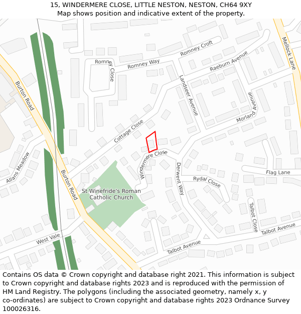 15, WINDERMERE CLOSE, LITTLE NESTON, NESTON, CH64 9XY: Location map and indicative extent of plot