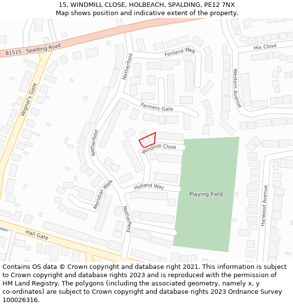 15, WINDMILL CLOSE, HOLBEACH, SPALDING, PE12 7NX: Location map and indicative extent of plot