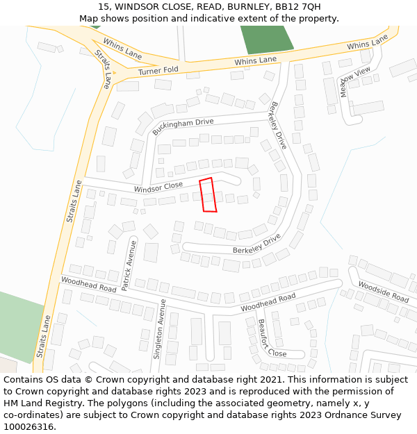 15, WINDSOR CLOSE, READ, BURNLEY, BB12 7QH: Location map and indicative extent of plot