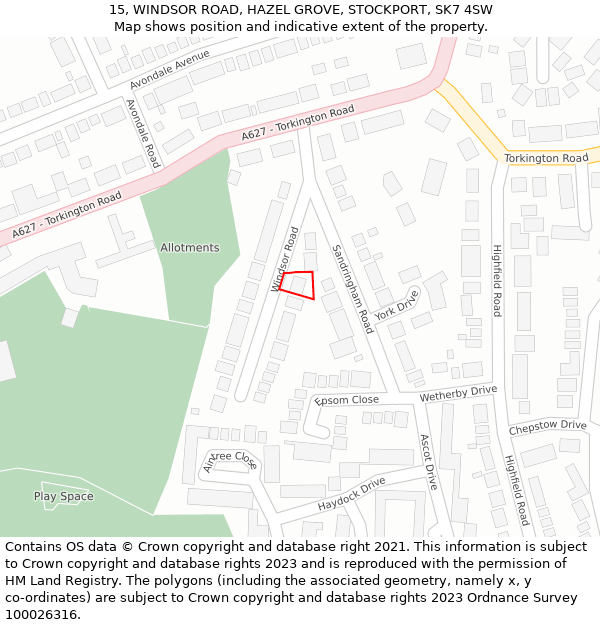 15, WINDSOR ROAD, HAZEL GROVE, STOCKPORT, SK7 4SW: Location map and indicative extent of plot
