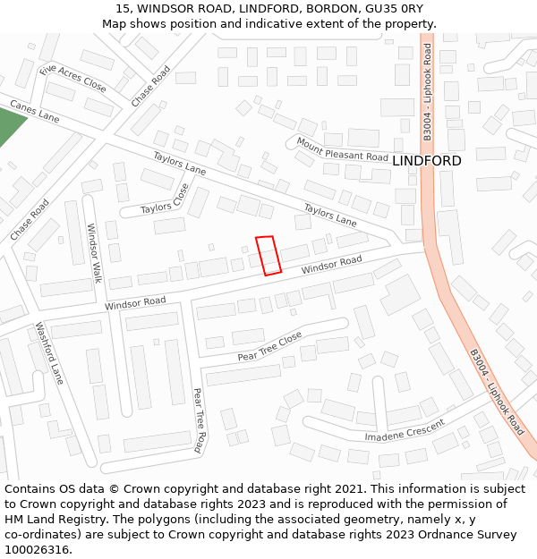 15, WINDSOR ROAD, LINDFORD, BORDON, GU35 0RY: Location map and indicative extent of plot