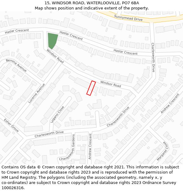15, WINDSOR ROAD, WATERLOOVILLE, PO7 6BA: Location map and indicative extent of plot