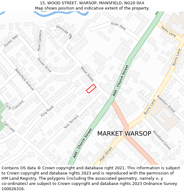 15, WOOD STREET, WARSOP, MANSFIELD, NG20 0AX: Location map and indicative extent of plot