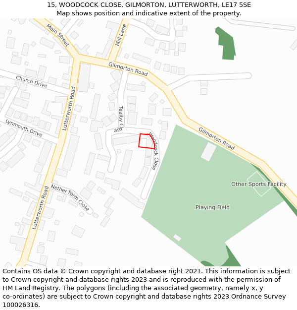 15, WOODCOCK CLOSE, GILMORTON, LUTTERWORTH, LE17 5SE: Location map and indicative extent of plot