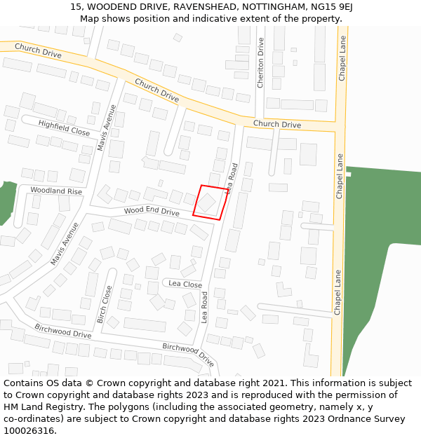 15, WOODEND DRIVE, RAVENSHEAD, NOTTINGHAM, NG15 9EJ: Location map and indicative extent of plot