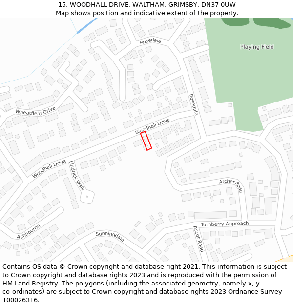 15, WOODHALL DRIVE, WALTHAM, GRIMSBY, DN37 0UW: Location map and indicative extent of plot