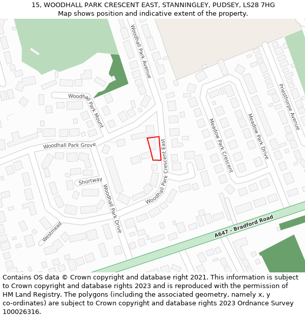 15, WOODHALL PARK CRESCENT EAST, STANNINGLEY, PUDSEY, LS28 7HG: Location map and indicative extent of plot