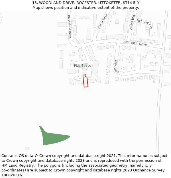 15, WOODLAND DRIVE, ROCESTER, UTTOXETER, ST14 5LY: Location map and indicative extent of plot