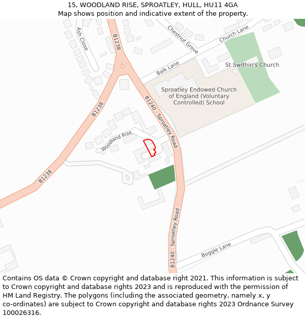 15, WOODLAND RISE, SPROATLEY, HULL, HU11 4GA: Location map and indicative extent of plot