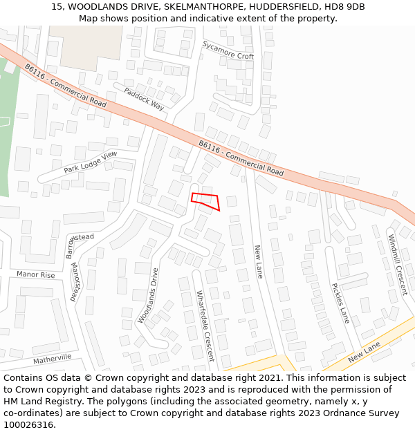 15, WOODLANDS DRIVE, SKELMANTHORPE, HUDDERSFIELD, HD8 9DB: Location map and indicative extent of plot