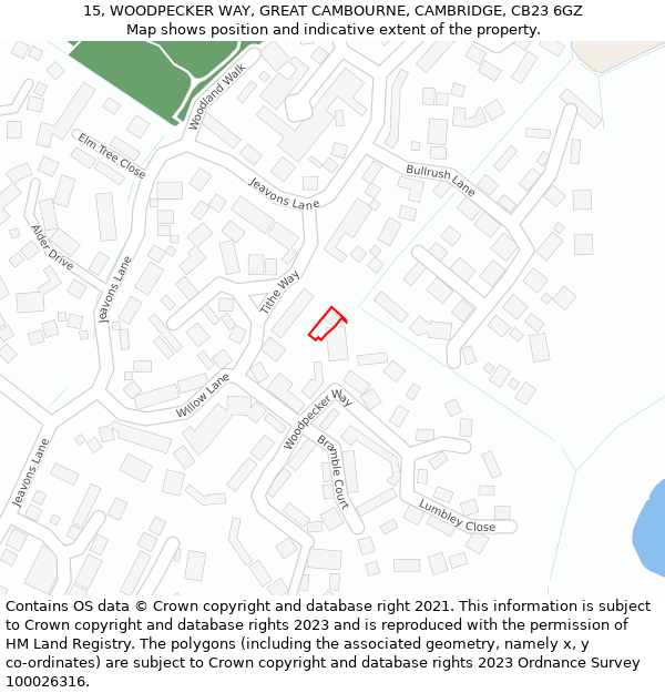 15, WOODPECKER WAY, GREAT CAMBOURNE, CAMBRIDGE, CB23 6GZ: Location map and indicative extent of plot