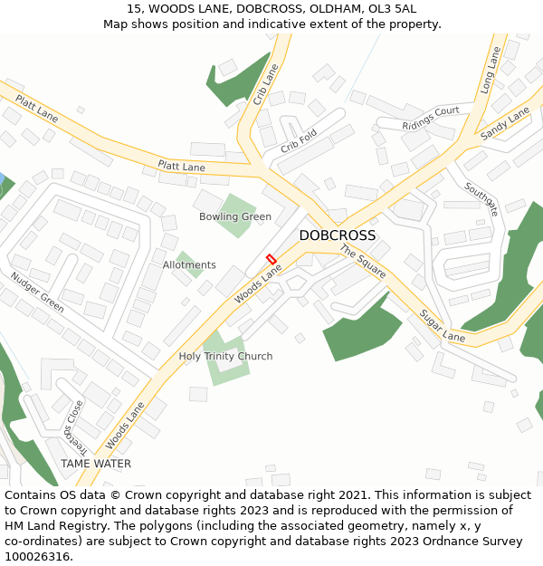 15, WOODS LANE, DOBCROSS, OLDHAM, OL3 5AL: Location map and indicative extent of plot