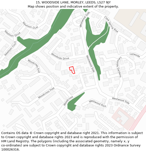 15, WOODSIDE LANE, MORLEY, LEEDS, LS27 9JY: Location map and indicative extent of plot