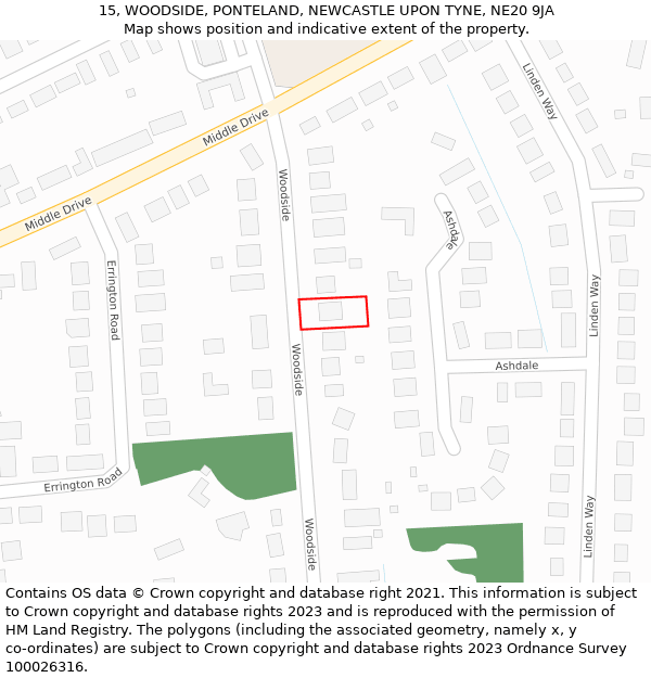 15, WOODSIDE, PONTELAND, NEWCASTLE UPON TYNE, NE20 9JA: Location map and indicative extent of plot