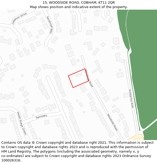 15, WOODSIDE ROAD, COBHAM, KT11 2QR: Location map and indicative extent of plot