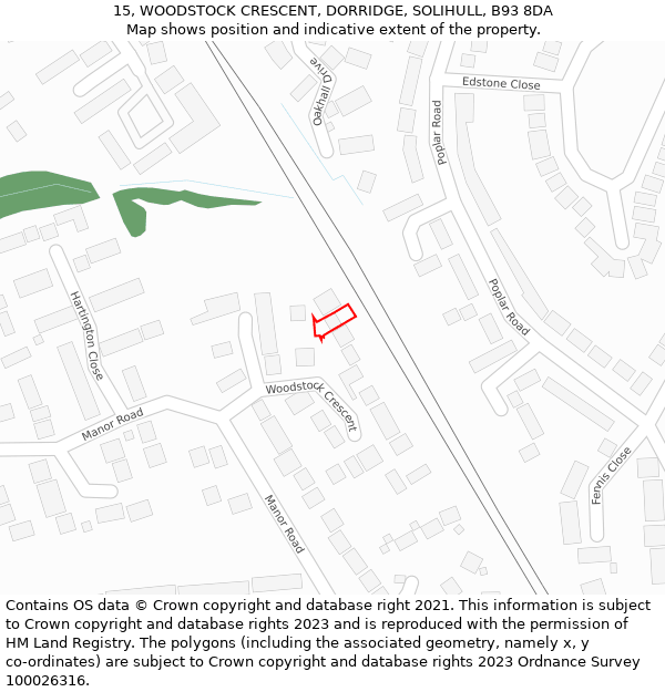 15, WOODSTOCK CRESCENT, DORRIDGE, SOLIHULL, B93 8DA: Location map and indicative extent of plot