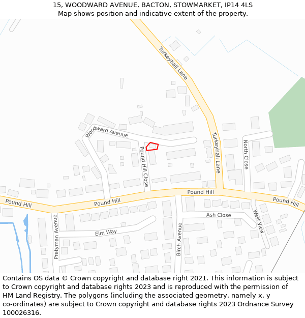 15, WOODWARD AVENUE, BACTON, STOWMARKET, IP14 4LS: Location map and indicative extent of plot