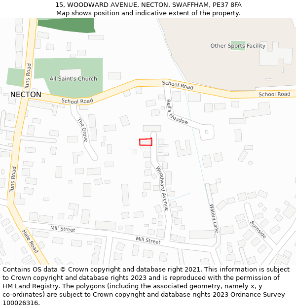 15, WOODWARD AVENUE, NECTON, SWAFFHAM, PE37 8FA: Location map and indicative extent of plot