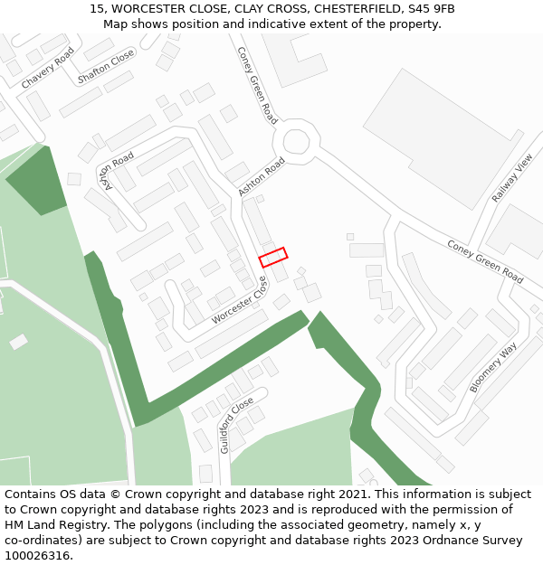 15, WORCESTER CLOSE, CLAY CROSS, CHESTERFIELD, S45 9FB: Location map and indicative extent of plot