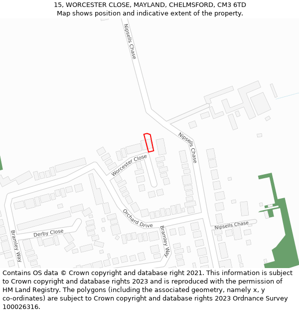 15, WORCESTER CLOSE, MAYLAND, CHELMSFORD, CM3 6TD: Location map and indicative extent of plot