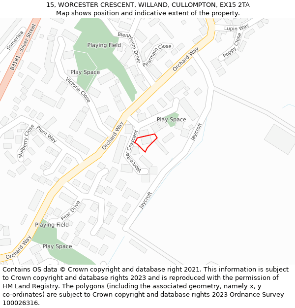 15, WORCESTER CRESCENT, WILLAND, CULLOMPTON, EX15 2TA: Location map and indicative extent of plot