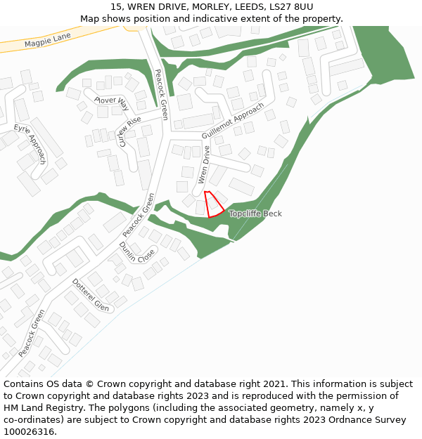 15, WREN DRIVE, MORLEY, LEEDS, LS27 8UU: Location map and indicative extent of plot