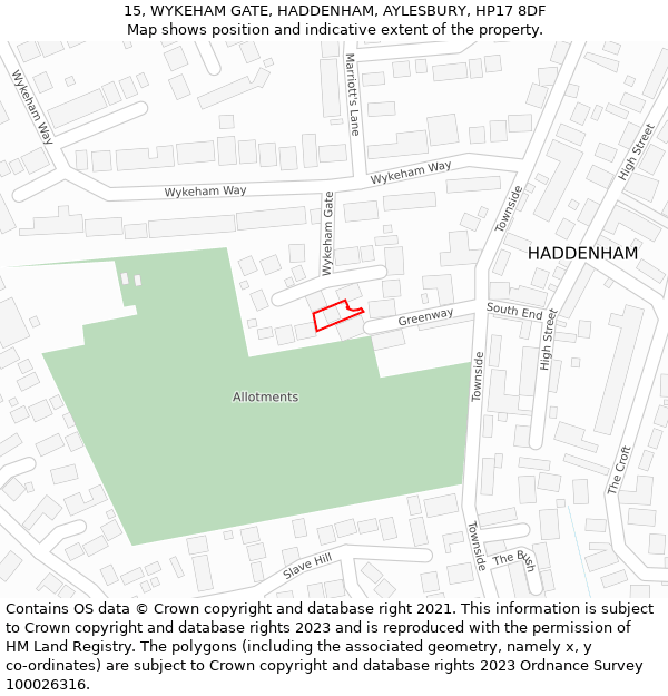 15, WYKEHAM GATE, HADDENHAM, AYLESBURY, HP17 8DF: Location map and indicative extent of plot