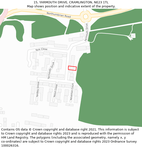 15, YARMOUTH DRIVE, CRAMLINGTON, NE23 1TL: Location map and indicative extent of plot