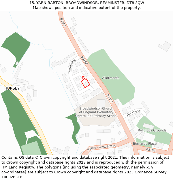 15, YARN BARTON, BROADWINDSOR, BEAMINSTER, DT8 3QW: Location map and indicative extent of plot