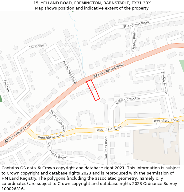 15, YELLAND ROAD, FREMINGTON, BARNSTAPLE, EX31 3BX: Location map and indicative extent of plot