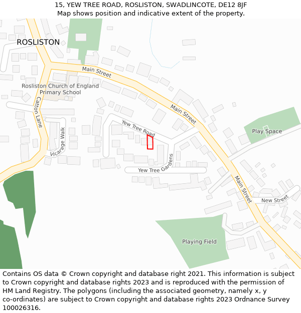 15, YEW TREE ROAD, ROSLISTON, SWADLINCOTE, DE12 8JF: Location map and indicative extent of plot