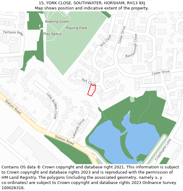 15, YORK CLOSE, SOUTHWATER, HORSHAM, RH13 9XJ: Location map and indicative extent of plot